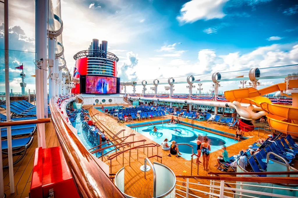 A luxurious cruise ship with elegant dining and spacious suites overlooking the ocean.