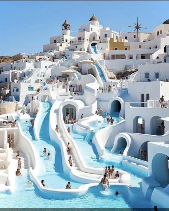 A cruise ship sailing near the iconic white buildings of Santorini, Greece, with the deep blue Aegean Sea in the background.