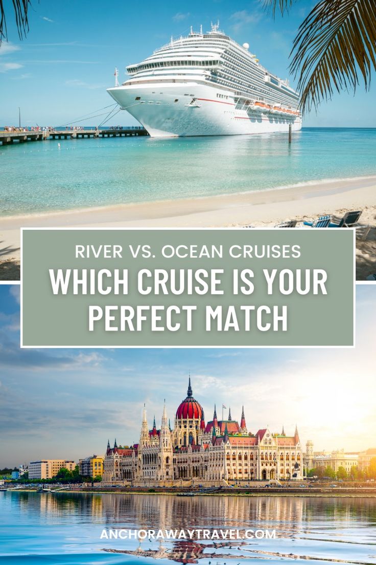 A comparison image showing a small river cruise ship sailing through a scenic European town and a large ocean cruise ship cruising on the open sea.